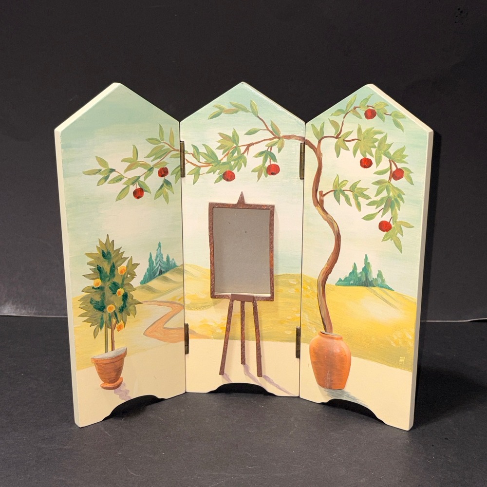 Vtg Hand Painted Wood Triptych Folding Screen Tabletop Photo Frame Landscape